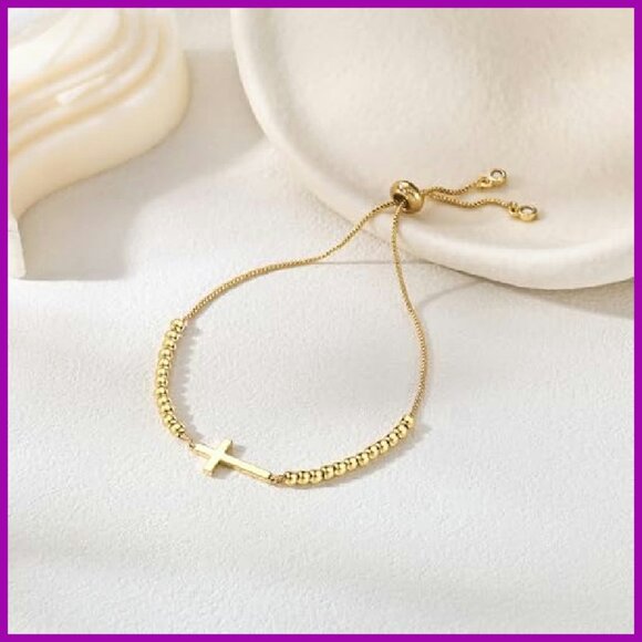 Sterling Silver Gold Plated Cross Bracelet Adjustable Religious Jewelry - Picture 7 of 8